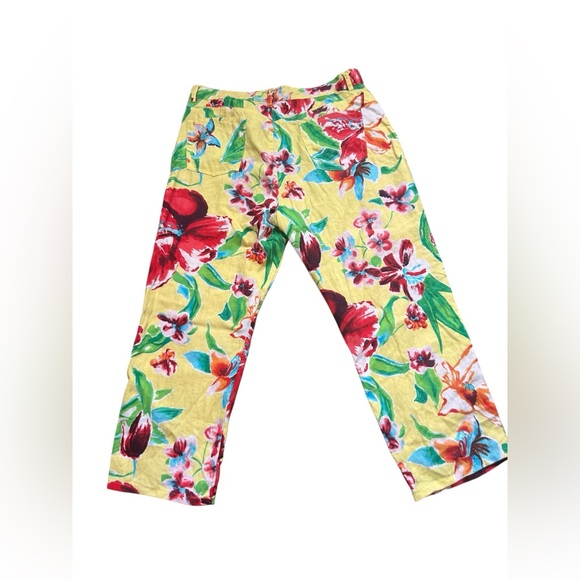LRL Lauren Ralph Lauren 100% Linen yellow floral cropped pants size 14P‎ - Picture 7 of 7